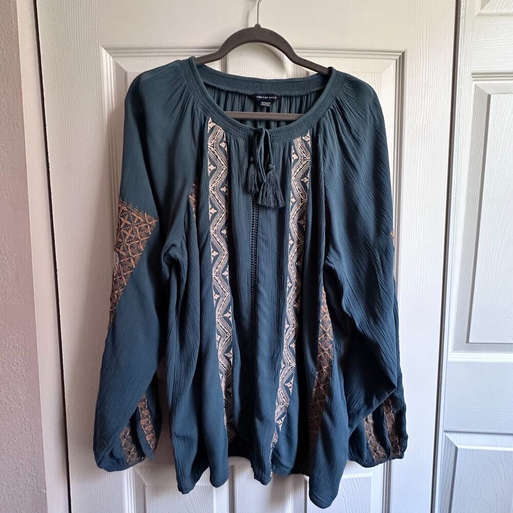 American Eagle Womens XL Teal Embroidered Long Sleeve Gauzy Boho Peasant Top
